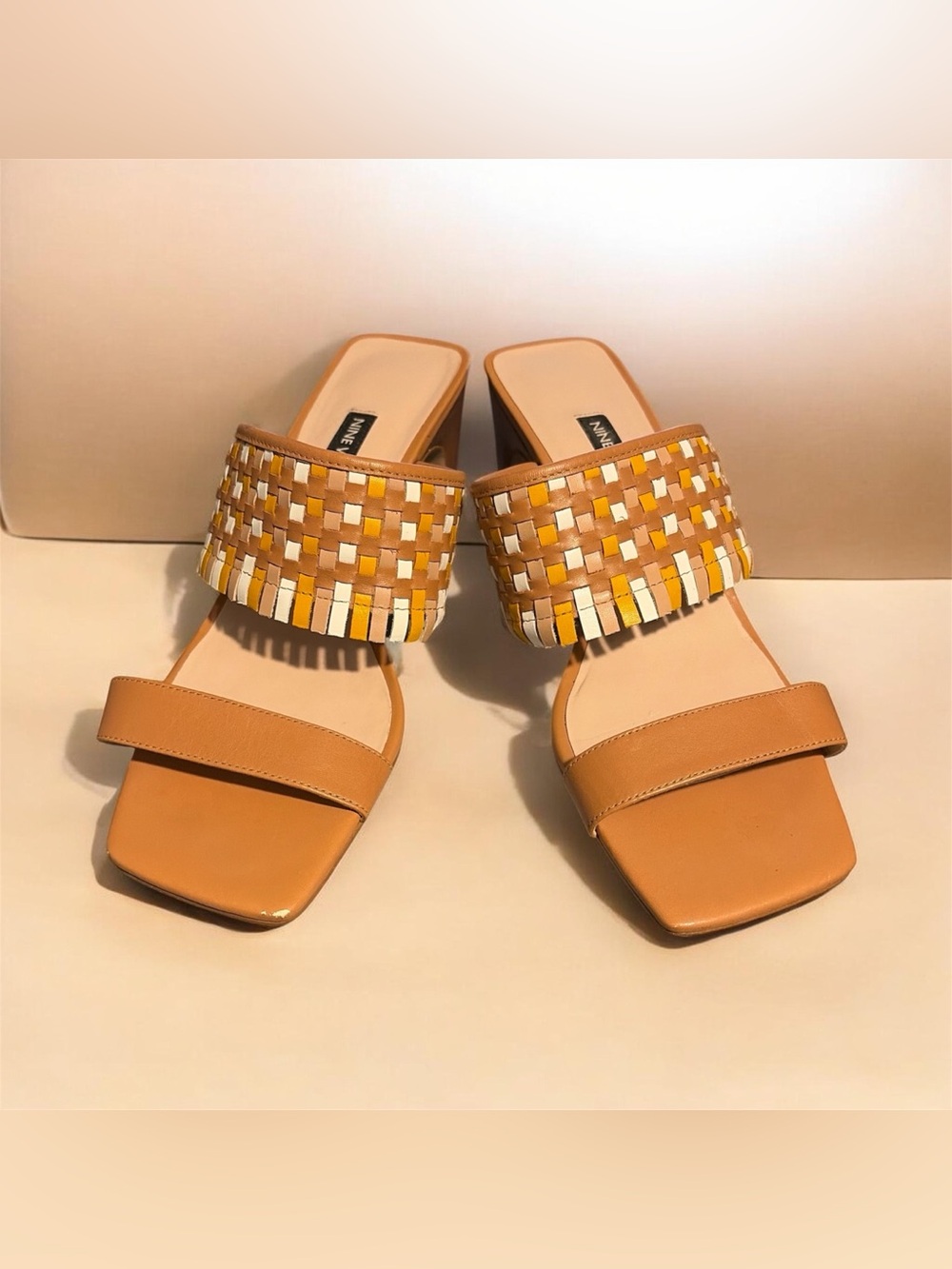 Nine West Tan Woven-Accent Slide Mules